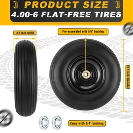 4.00-6 Flat-free Tire and Wheel, 13" Wheelbarrow Wheels and Tires with 5/8" or 3/4" Bearings 4.00-6 Solid Tires Replacement for Wheelbarrow, Gorilla Cart, Hand Trucks, Garden Carts(2 PCS)