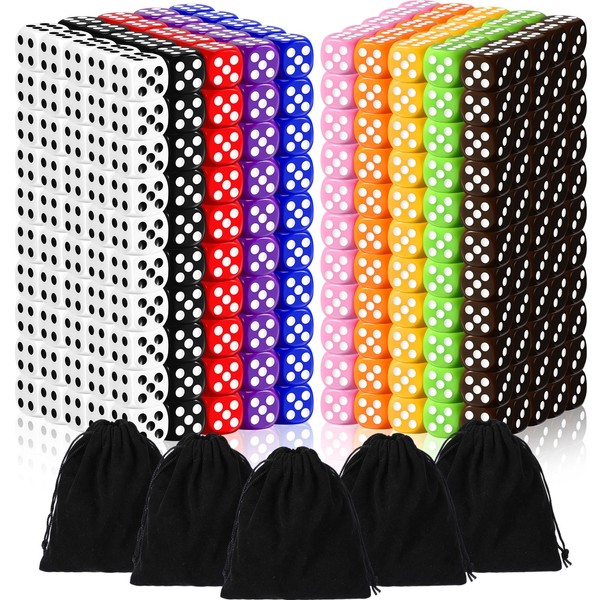 Syhood 500 Pieces 16mm Colored Dice Bulk Dice 6 Sided Dice Set with 5 Pieces Drawstring Pouches Standard Game Dice for Classroom Teaching Math Learning Board Dices Game 10 Color