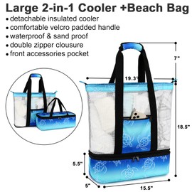 Bluboon Mesh Beach Bag with Cooler Sections Pool Bag for Women Detachable Insulated Picnic Bag and Solid Zipper Closure Travel Tote Shoulder Bag