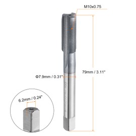 sourcing map M10x0.75 Metric Thread Tap 6542 Cobalt High-Speed Steel TiCN Coated Plug Tap Right Hand Straight Flutes Screw Threading Hand Tap