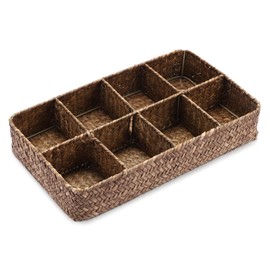 SUMTree Tea Bag Organiser Box Storage Box with 8 Compartments Braided Seagrass Storage Basket 34.5 x 20 x 6 cm Coffee Colour Tea Bag Shelves for Coffee Bags, Spice Bags for Office, Dining Room