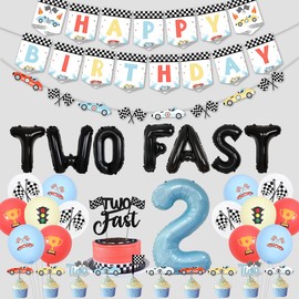 Vintage Two Fast Birthday Decorations, Retro Racing Car Birthday Decorations for Boys - Pastel Colours Happy Birthday Banner, Let's Go Racing 2nd Birthday Party Supplies