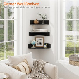 Homode Corner Floating Shelves, Set of 3 Corner Shelves Wall Mounted with Cable Hole, 3 Tier Wooden Hanging Corner Storage Shelf for Bedroom, Living Room, Kitchen, Black