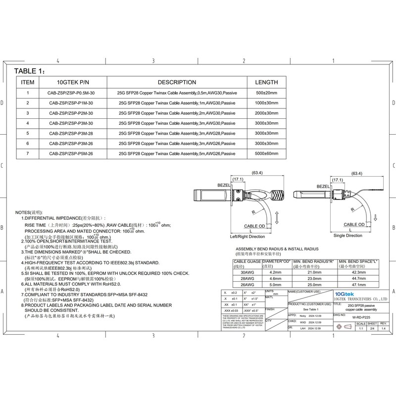 10Gtek 25G SFP28 SFP+ DAC Cable - 25GBASE-CR SFP28 to
