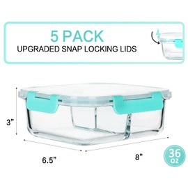 M MCIRCO [5-Pack, 36 oz] Glass Meal Prep Containers 3 Compartment with Lids, Glass Lunch Containers,Food Prep Lunch Box,Bento Box,Microwave, Oven, Freezer, Dishwasher (4.5 Cups, Green)