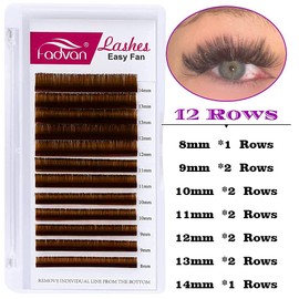 Self-Fanning Volume Eyelash Extensions, 0.07 mm, C Curl Colour Lashes, 8-14 mm, Mixed Tray, Easy Fan Lashes, Russian Volume Eyelash Extensions, Eyelash Extensions (8-14Mix-C, Brown-0.07)
