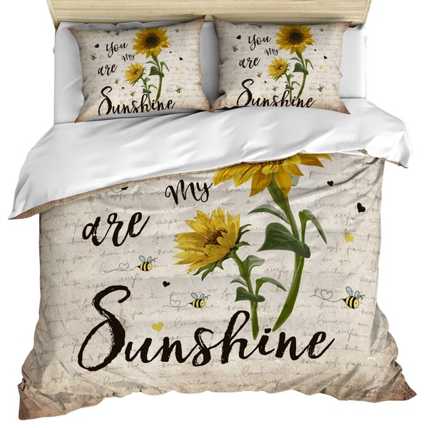 3 Piece Bedding Set Comforter/Quilt Cover Set King Size, You are My Sunshine Sunflower Vintage Newspaper Duvet Cover Set with 2 Pillow Shams for Kids/Teens/Adults/Toddler