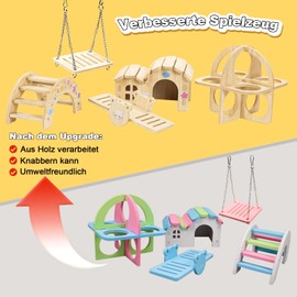 Pack of 5 Wooden Hamster Toys, Hamster Hideout House DIY Bridge Seesaw Swing and Training Toy Cage Decor Accessories Hamster Playground for Gerbils, Rats and Dwarf Hamsters