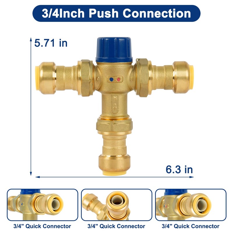 3/4 Inch Brass Thermostatic Mixing Valve,Push To Connect Brass Plumbing
