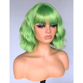 ISAMY Short Bob Wigs With Air Bangs Shoulder Length Women's Wig Bob Curly Wavy Synthetic Cosplay Wig for Girls Daily Use Colorful Wigs (Light Green)