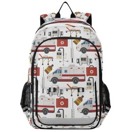 Glaphy Ambulance Cars Pattern Backpack School Bag Lightweight Laptop Backpack Students Travel Bookbag with Reflective Stripes
