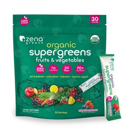 Zena Nutrition Organic Supergreens Greens Powder, 70+ Superfoods, 0 Sugar, 3G Fiber, Spirulina, Chlorella, Antioxidants, Prebiotics/Probiotics, Digestive Enzymes, Green Apple, 30 Drink Mix Packets Healthcare Dietary - Flavors: Green Apple, Pack Size: 30c