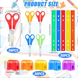 AmazingSpark 108 Pcs Back to School Supplies Kit Include 36 Clear Plastic Ruler 12 Inch 36 Safety Blunt Tip Student Scissors 36 Miniature Pencil Sharpeners with Cover for Classroom School Office