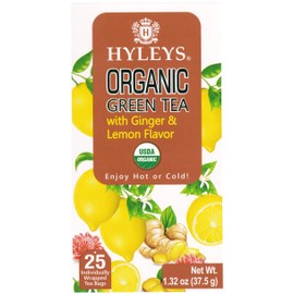 HYLEYS Tea Organic Ginger and Lemon Flavor Green Tea - 25 Tea Bags (100% Natural, Sugar Free, Gluten Free and Non-GMO)