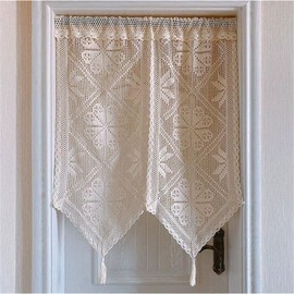champracer Crochet Curtain, Country House Style, Bistro Curtain, Country House Style, Vintage, Half Curtains, Window, Linen Boho Kitchen Curtains with Fringes (W x H 85 x 100 cm)