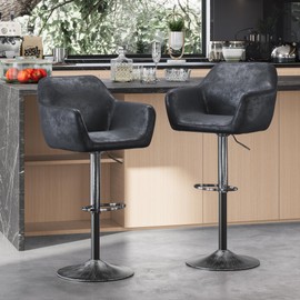 Keyluv Bar Stools Set of 2 for Kitchen Counter Adjustable Height Swivel Barstools 29 Inch Faux Leather Bar Chairs with Padded Back and Chromed Metal Base, Retro Black