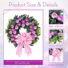 Blosssound Spring Wreath for Front Door 20 Inch Pink Purple Daisy Flower Artificial Summer Wreath with Lavender Buffalo Plaid Bow for Rustic Farmhouse Floral Home Wall Indoor Outdoor Window Decor