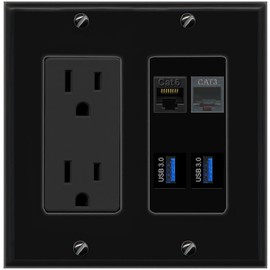 Wall Plate City CAT6 PHONE 2 USB-3 Port Wall Plate Black w Power Outlet