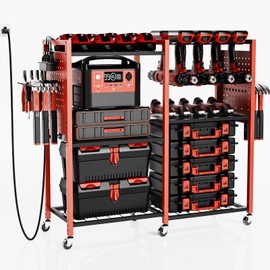 Xankzi Power Tools Organizer Cart with Charging Power Strip,6-Tier Garage Rolling Tool Utility Cart,Cabinet Box Power Tool Rack with 8 Hooks, 6 Load-Bearing Wheels for Workshop (Red)