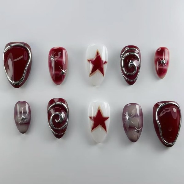 Mkwntg 24Pcs Wine Red Press on Nails Medium Almond Fake