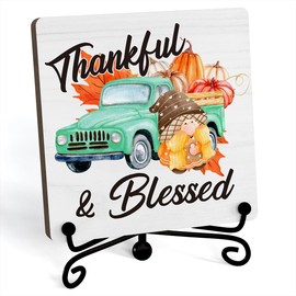 Thanksgiving Decorations For Home Office, Thanksgiving Table Decor, Fall Decorations For Home, Thankful Blessed Sign, Fall Pumpkin Wooden Plaque With Stand (K09)