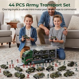 LovesTown 44PCS Large Military Truck Set, 13PCS Mini Die-cast Military Toy Cars in Carrier Truck with 30PCS Army Men Toy Soldiers for Kids Boys Birthday Party Favors