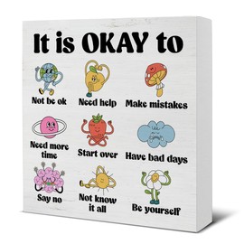 Mental Health Sign It's OK to Not Be OK Wood Sign Inspirational Self Care Decorative Sign Therapist Office Classroom Calming Corner Shelf Decor 5"x 5"