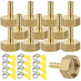 Brass Pipe Adapter, 12 Pieces 8 mm Barb x 3/4 Inch Female Thread Pipe Connector Brass with Thread, Hose Nozzle Screw Connection with Clamps for Water, Gas, Air