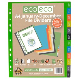 eco-eco A4 50% Recycled Multipunched Reinforced Colour January - December Subject Index Extra Wide File Dividers 200mic (Pack of 4), eco082x4
