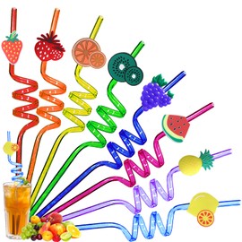 LUKIUP Pack of 8 Fruit Plastic Straws, Cartoon Fruit Straws, Reusable, Plastic Drinking Straws for Pool Party, Cocktail Decoration, Decorations for Children's Birthday Parties (Cartoon Fruits)