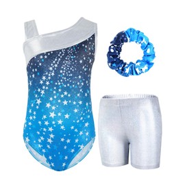 Gogokids Girls Three Piece Gymnastics Set, Y Neck Sleeveless Leotard with Shorts and Headband, Ballet Dancing Leotard Gymnastics Outfit with Blue & Purple Colour Block Design, 3-12 Years, darkblue