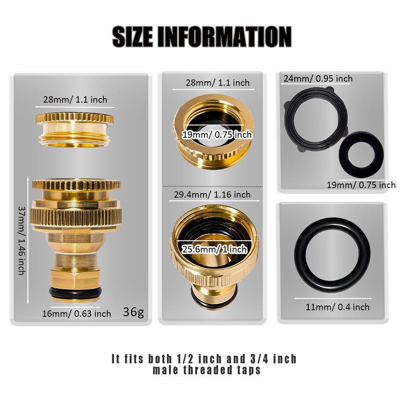 Brass Tap Connector Adapter for Hose Pipe 2-in-1 Outside Garden