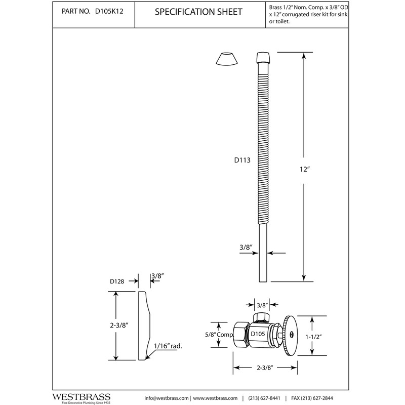 Westbrass Corrugated Supply Kit with Round Handle, 5/8" OD x