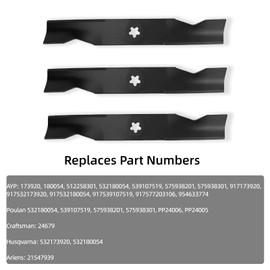 KUUMAI 3 Pcs Mower High Lift Blades for 48-inch Cutting Deck AYP/Husqvarna/Poulan 173920, 180054, 512258301, 532180054, 539107519, 575938201, 57593830, PP24006; Ariens 21547939; Craftsman 24679