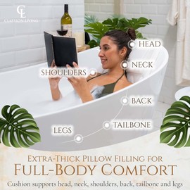 Full Body Bath Pillow (17'' x 49'') - Bathtub Cushion with Headrest Supports Neck, Back and Legs - Free Hanging Hooks for Fast Drying Over Tub - Includes Washing and Travel Bags - White