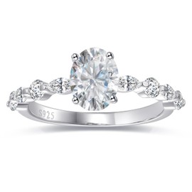 Bonlavie Silver Ring for Women, 925 Sterling silver Solitaire Oval Cut Cubic Zirconia/Green Emerald/Blue Sapphire ring, Rhodium Plated Bridal Engagement Wedding Band, Size L 1/2