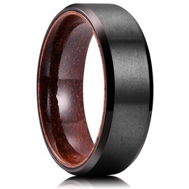 King Will Mens 8mm Black Titanium Wedding Ring Inlay With Real Wood Comfort Fit Brushed Center 8.5