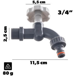 KADAX Outlet Tap 3/4 Inch Plastic Garden Tap with Ergonomic Handle and Hose Connector for Outdoor Use (Grey)