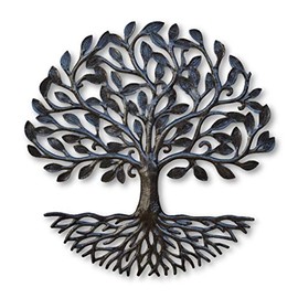 Small Metal Tree of Life with Roots, 17.25 In. Round Wall Hanging Art, Decorative Nature Inspired, Upcycled Artwork, Handmade in Haiti, Fair Trade Federation Certified