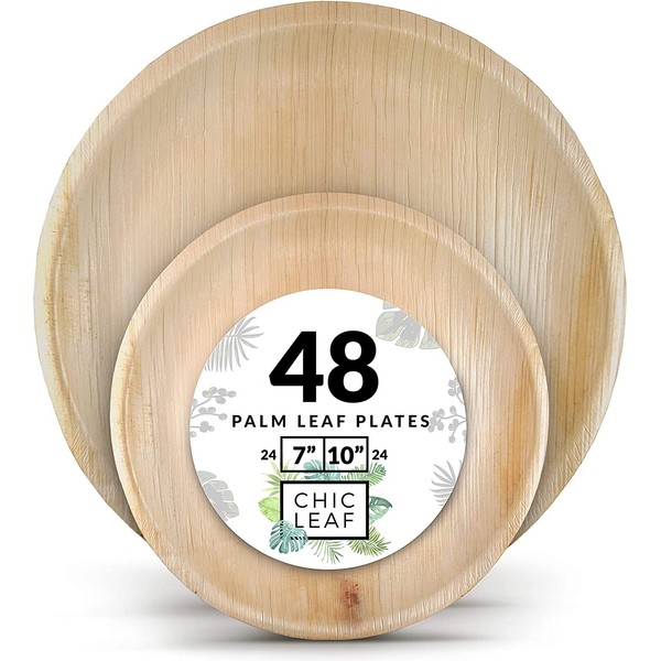 Chic Leaf Palm Leaf Plates Disposable Bamboo Plates Like 10 Inch & 7 Inch Round Party Pack (48 pk) Compostable and Biodegradable - Better than Plastic, Paper and Wood Plates