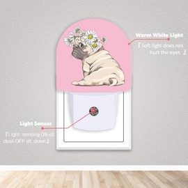 Axxitude Puppy Pug Chamomile Flowers Night Lights Plug into Wall for Girls Boys Room,Night Light LED Lamp Dusk to Dawn Sensor Round Lamp for Bedroom Bathroom Hallway Home Wall Decor Nightlight
