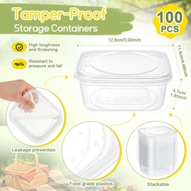 Yiyiring 100 Pack 12 oz Tamper Proof Containers with Lid Square Deli Plastic Sandwich Tiramisu Airtight Meal Container with Lids for Refrigerator Dishwasher Microwave Take out Kitchen
