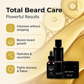 Golden Grooming Company Kit Barba Cuidado Completo Aceite Bálsamo Champú Totalmente Natural Suaviza Fortalece Nutre Cabello Piel Promueve Crecimiento