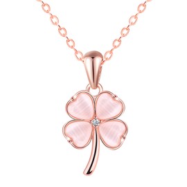 feilok Women's Necklace with Rose Gold Clover Chain Cat's Eye Stone Cubic Zirconia Four Leaf Lucky Charm Pendant Made of 925 Sterling Silver, Cubic Zirconia