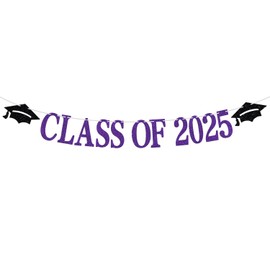 Class of 2025 Banner, Congrats Grad Bunting Sign for 2024 High School College Graduation Party Decorations Supplies, Black and Purple Glitter