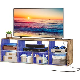 VECELO TV Stand with LED Strip & Power Outlets, Industrial Entertainment Center for 45/50/55/60/65 inch Television, 7 Open Storage, 3 Tiers Media Console Table, Cord Holes, for Living Room, Bedroom