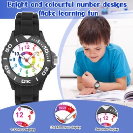 GUUMUXIN Kids Analogue Watch for Boys and Girls, Educational Watch with Hands for Children Aged 5-16 Years, Multi-Colour Dial with Clear Scales, Soft Strap, Easy to Read and Learn, black, Strap.