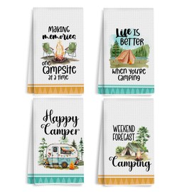 XFN 4Pcs Camping Kitchen Towels 24x14 Inch, Bonfire Forest Tent Rv Decor Waffle Weave Dish Towels for Kitchen, White Absorbent Microfiber Hand Tea Towel, Novelty Camping Gifts for Women Campers