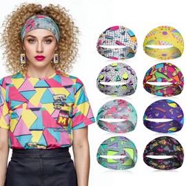 obeoby 8 Pack 80s Print Neon Headbands for Women, 90s Retro Accessories Sport Hairbands for Party Style Masquerade Running Cycling