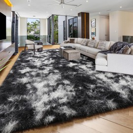 PAGISOFE 9x12 Area Rugs Living Room, Black White Grey Machine Washable Rugs for Bedroom Shag Fluffy Indoor Rugs for Kids Room Classroom Dorm Room Aesthetic Shaggy Soft Carpet Plush Rug Modern Cool Rug